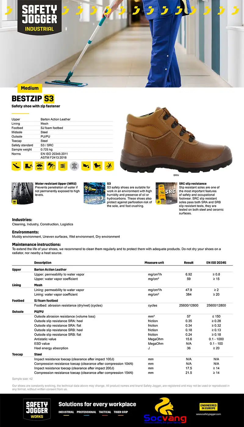 Thông số kỹ thuật giày bảo hộ Jogger Bestzip