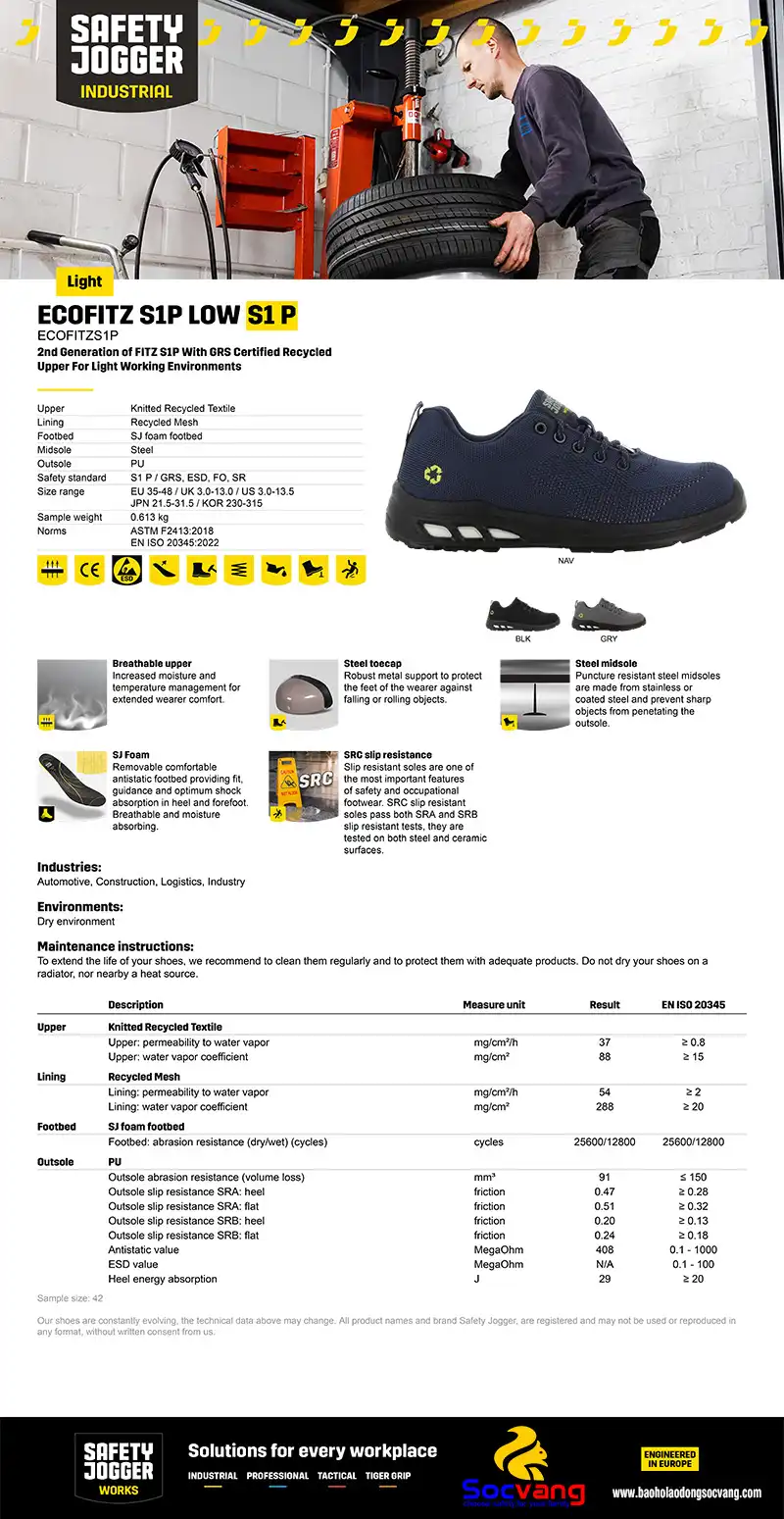 thông số giày bảo hộ Jogger Ecofitz low S1p
