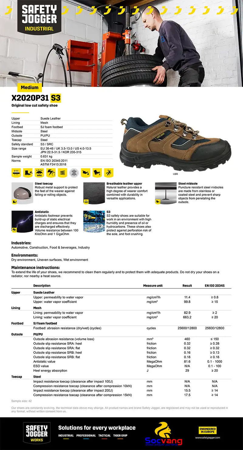 thông số giày bảo hộ Jogger X2020p31 S3 Soc Vang