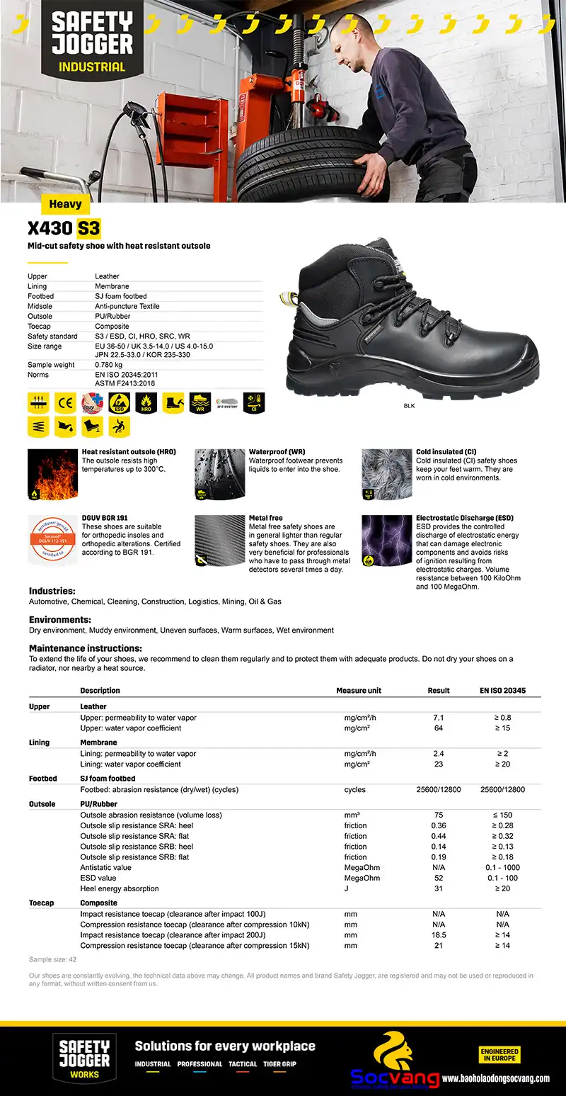 thông số giày bảo hộ Jogger X430 S3