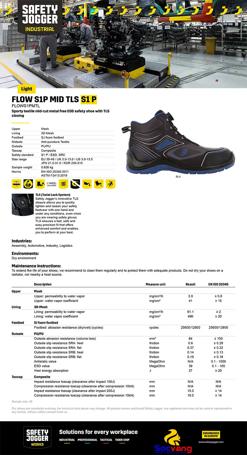 Thông số Giày Bảo Hộ Jogger Flow S1p Mid Tls
